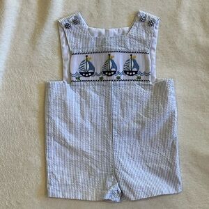 Seersucker Smocked Sailboat Baby Shortalls
